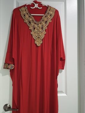 Embroidered Red Kaftan with Gold Appliqué